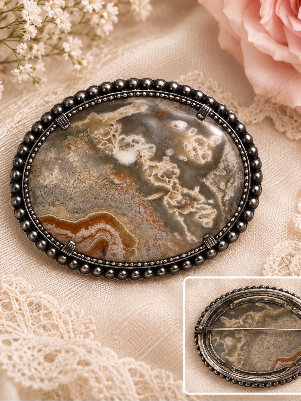 Natural Agate Stone Brooch Silver Tone Oval Beaded Frame Scenic Agate Vintage